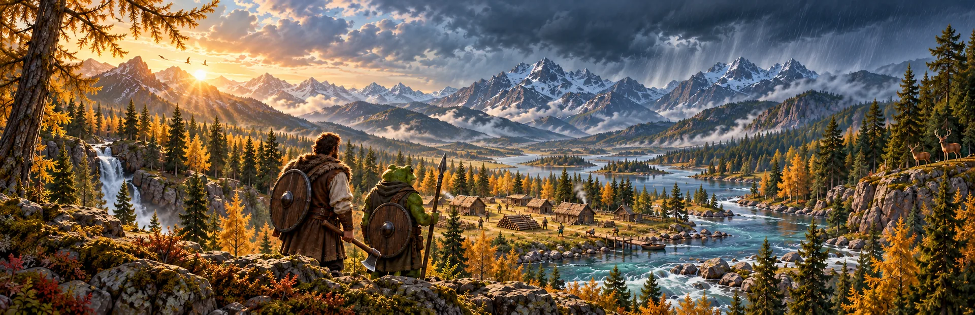 An autumn frontier valley, with a human company and a frog-person overlooking a camp beneath distant mountains.