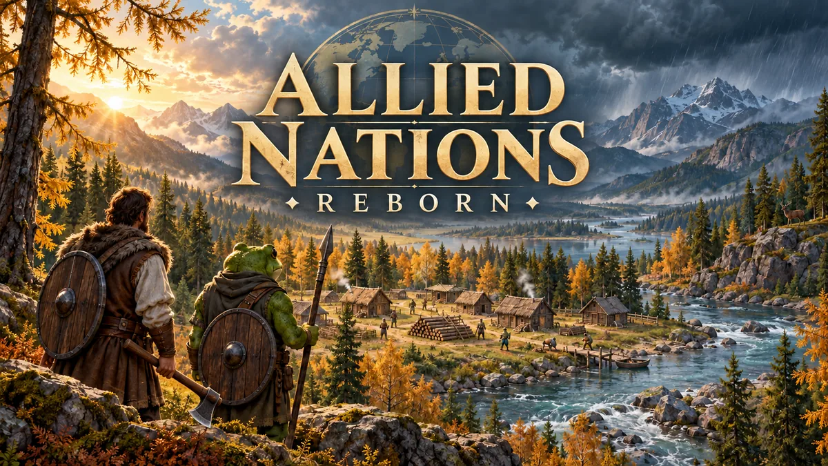 Allied Nations: Reborn landscape cover showing a human company and a frog-person near an autumn forest camp.