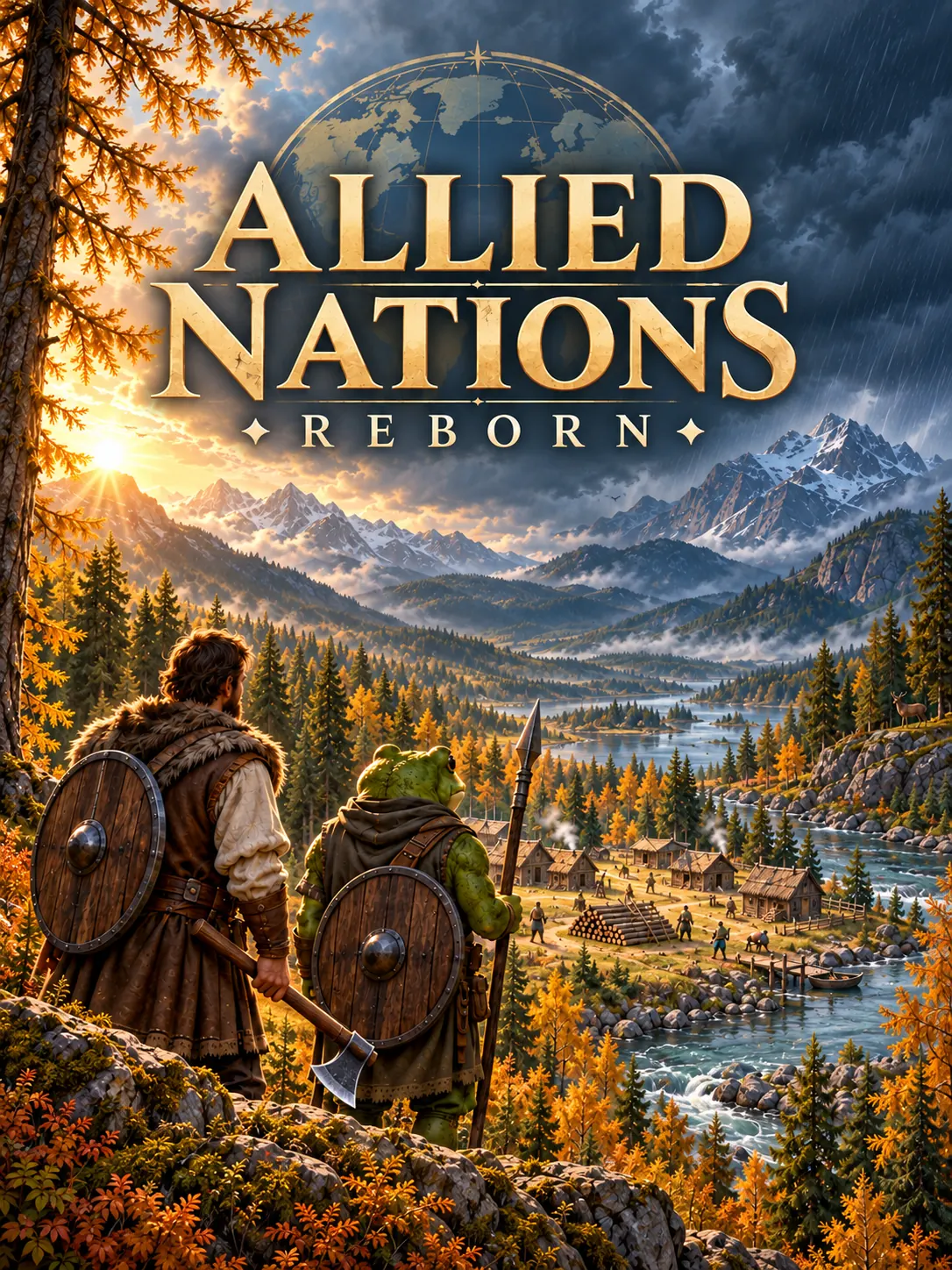 Portrait promotional cover with Allied Nations: Reborn lettering above the forest company.